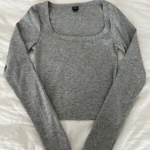 wild fable Gray Ribbed Square-Neck Long Sleeve Top